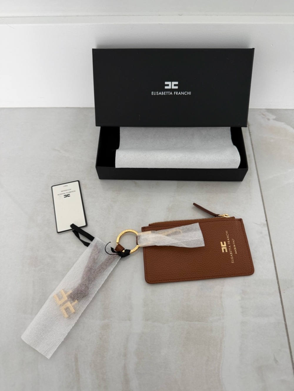 Elisabetta Franchi Cognac Leather Keychain with Zipper Case NWT In Gift Box